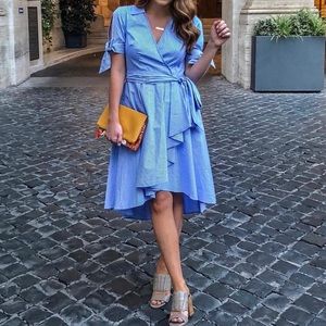 Blue Striped Collared Shirt Dress with Belt Tie